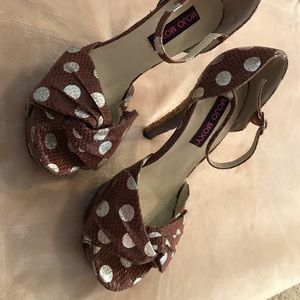 Brown platform heels with silver polka dots